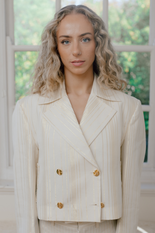 Vyom Ecru & Gold Zari Stripe Crop Jacket