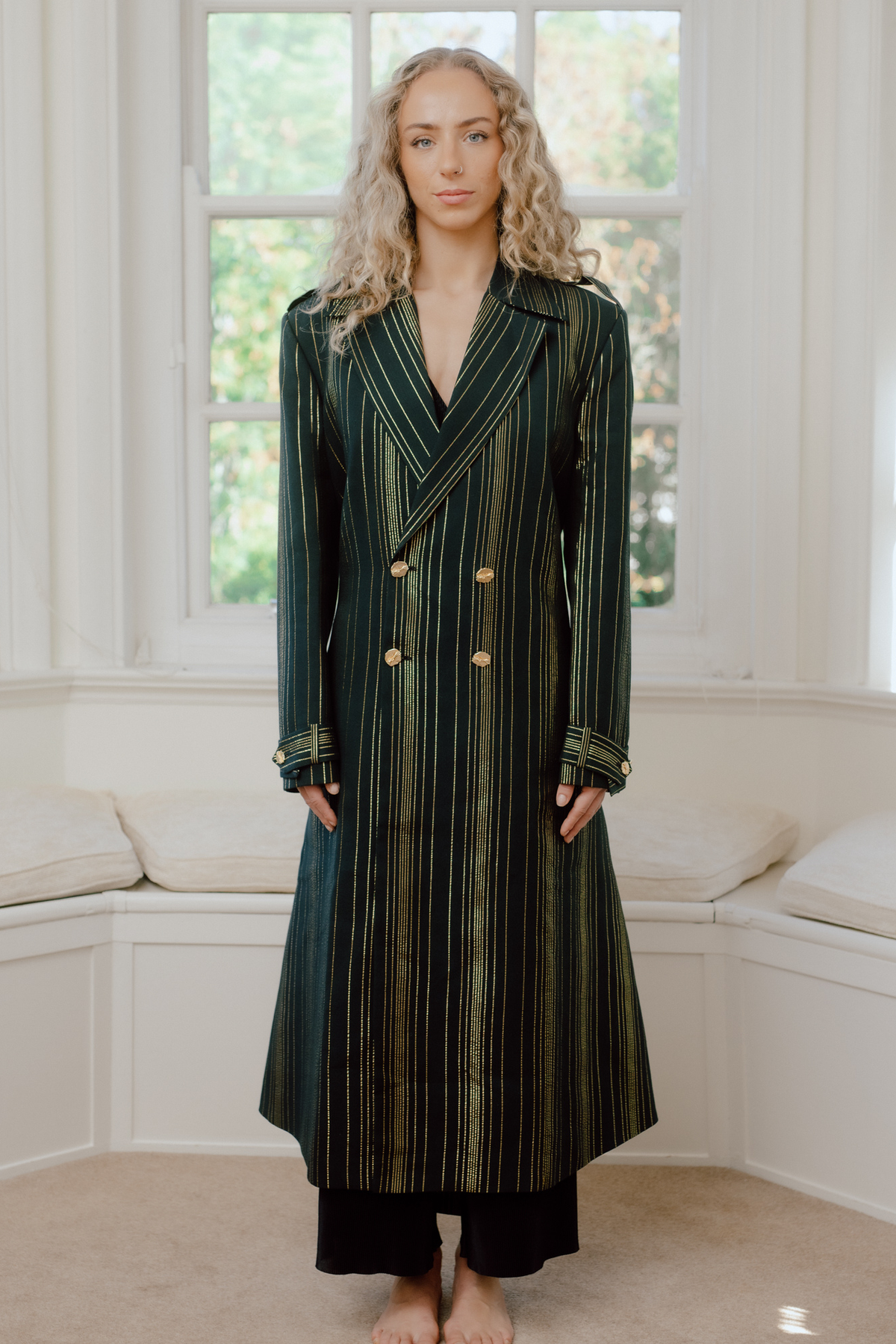 Shikandi Black & Gold Zari Stripe Trench Coat