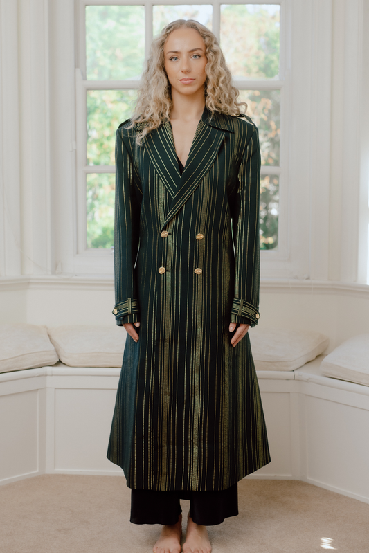 Shikandi Black & Gold Zari Stripe Trench Coat