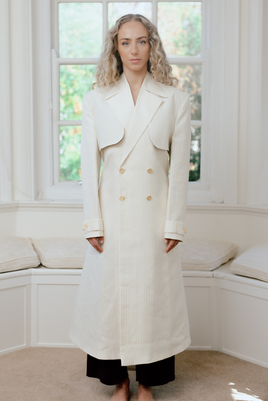 Dhara Ecru & Gold Zari Stripe Trench Coat