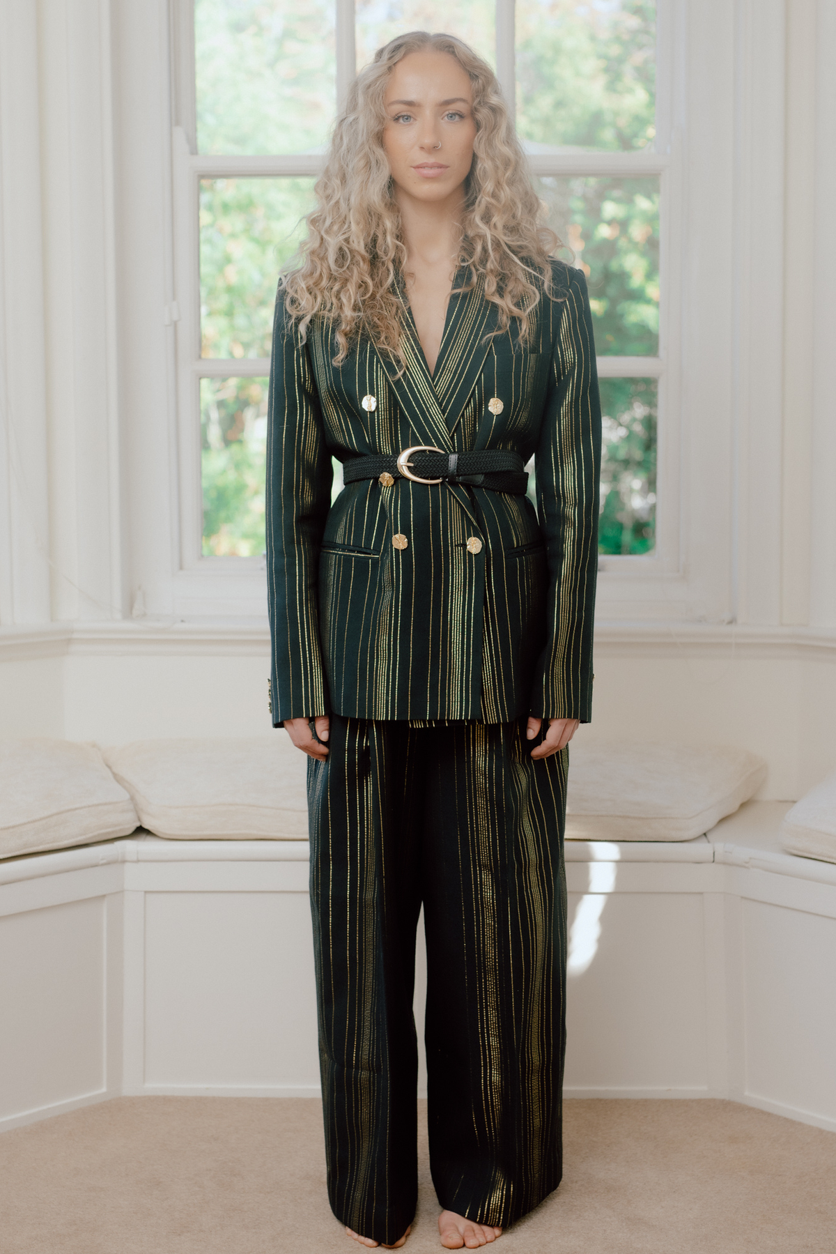 Chandra Black & Gold Zari Stripe Suit