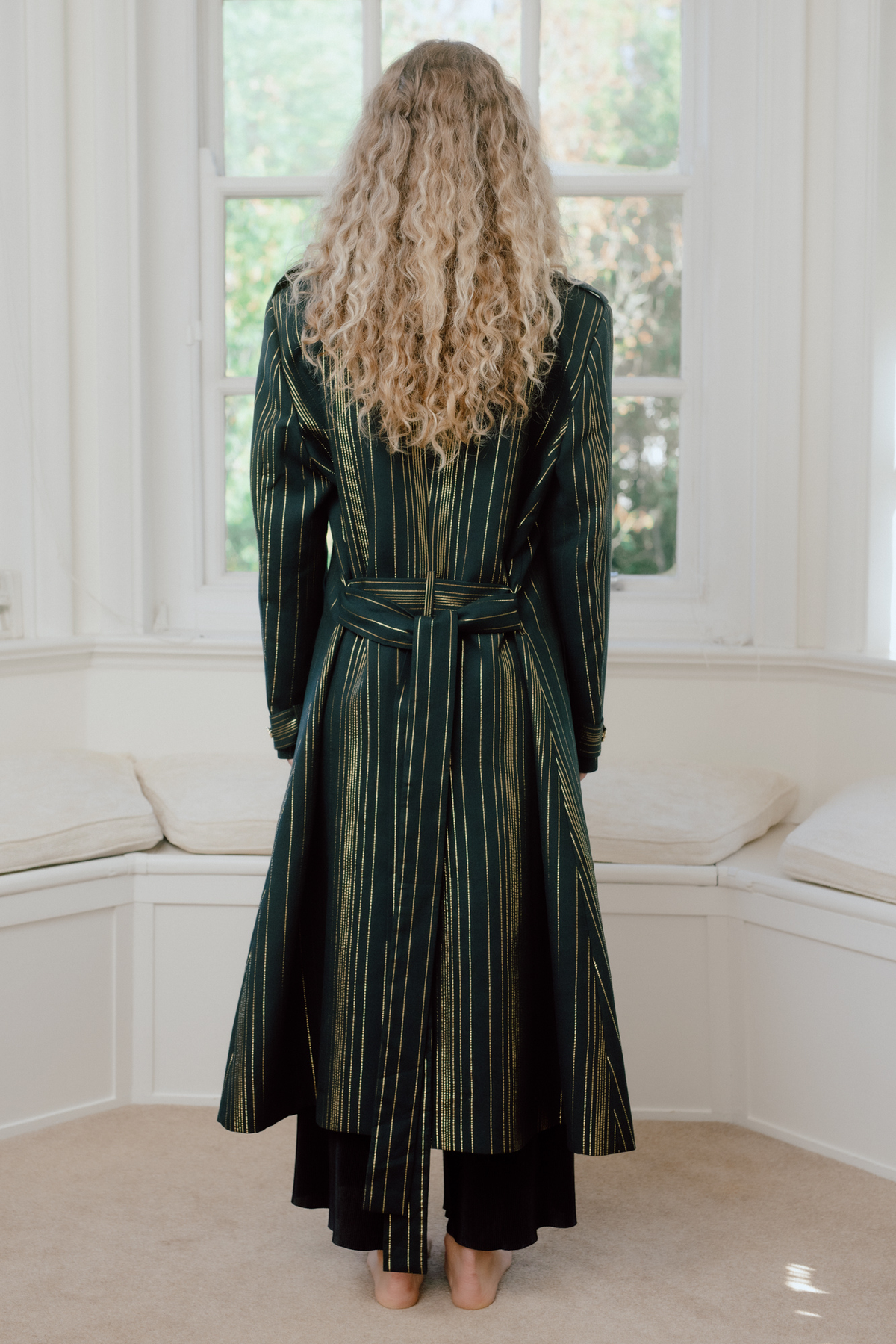 Shikandi Black & Gold Zari Stripe Trench Coat