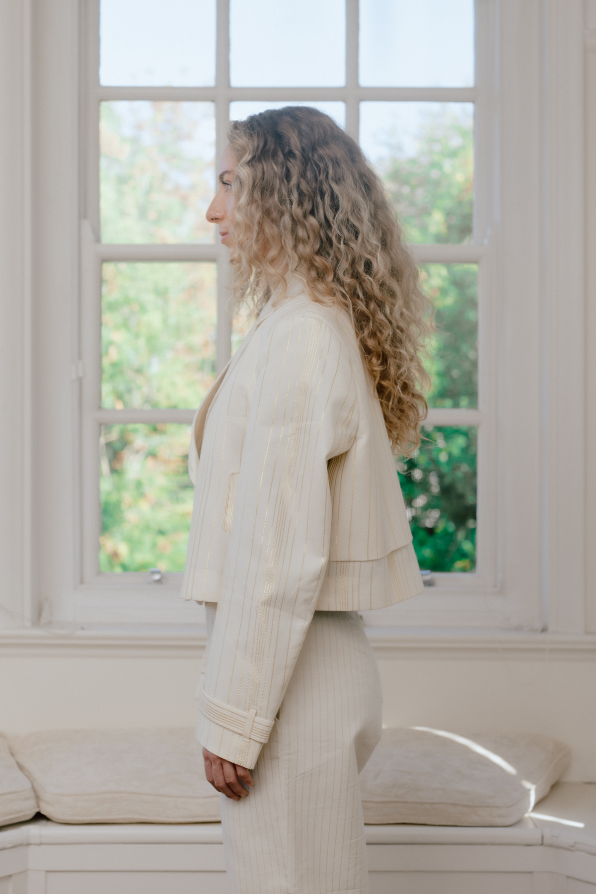 Vyom Ecru & Gold Zari Stripe Crop Jacket