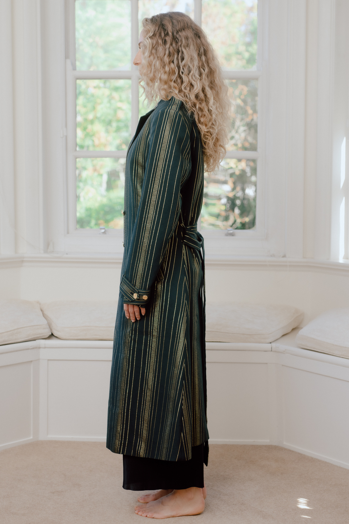 Shikandi Black & Gold Zari Stripe Trench Coat