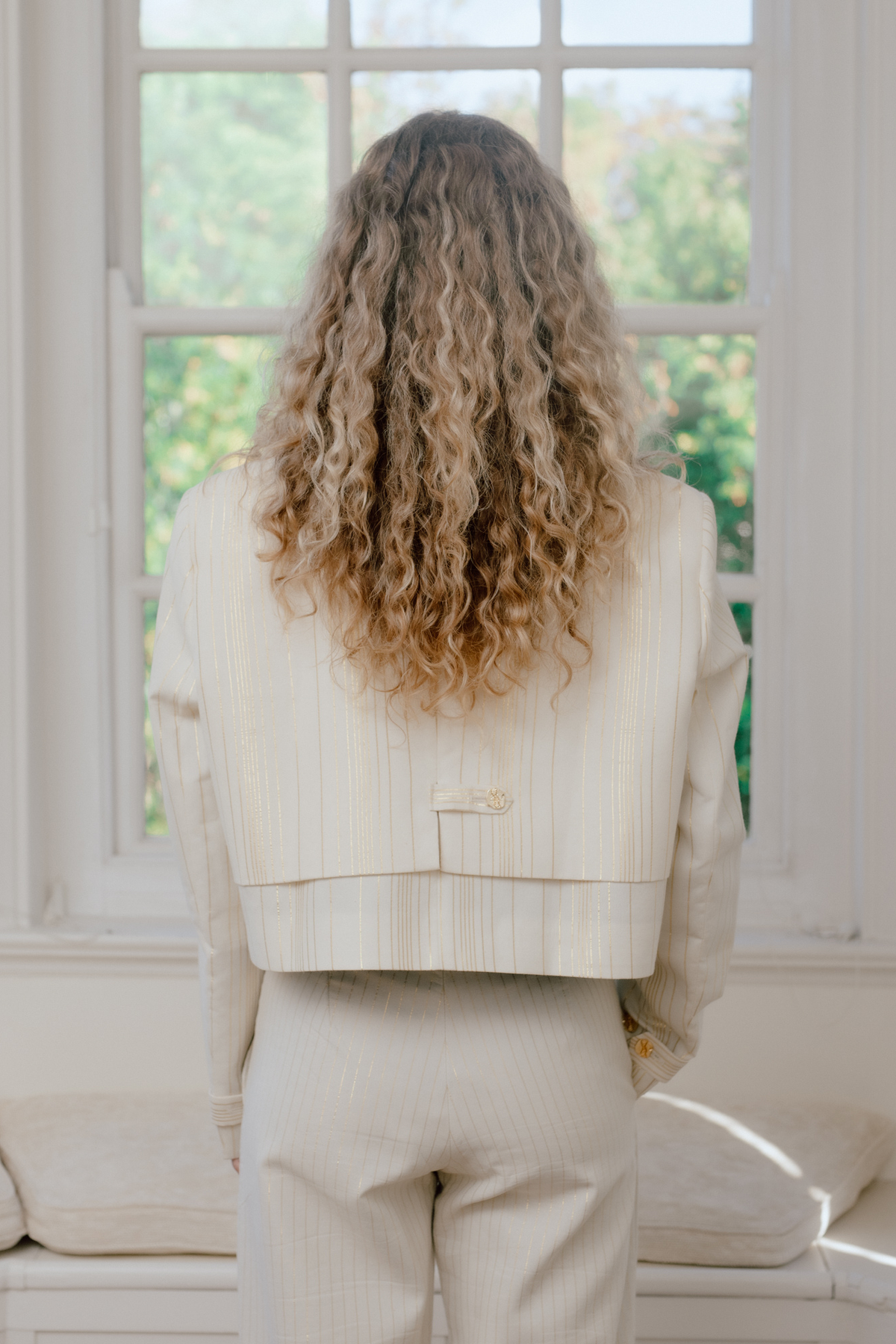Vyom Ecru & Gold Zari Stripe Crop Jacket