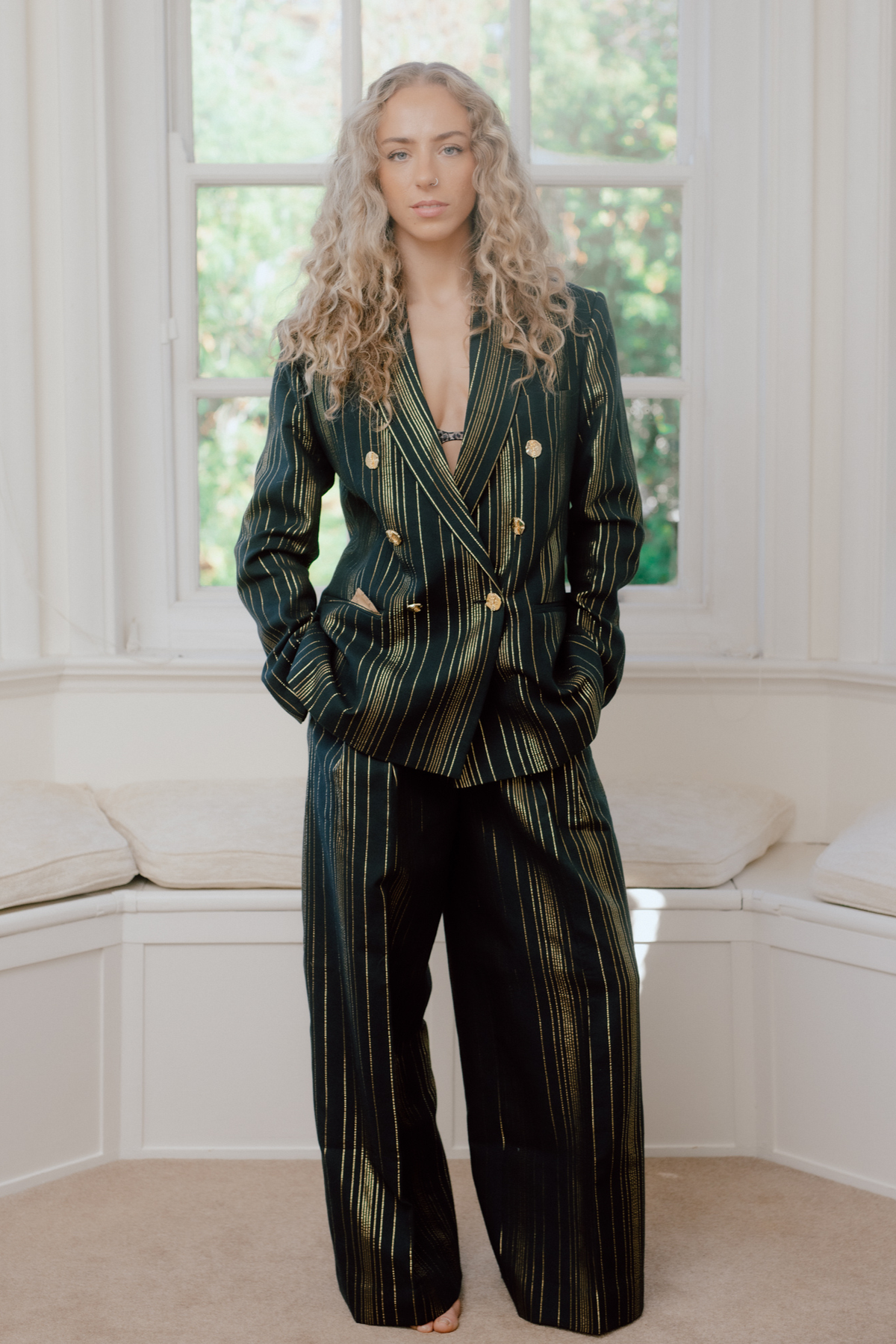 Chandra Black & Gold Zari Stripe Suit