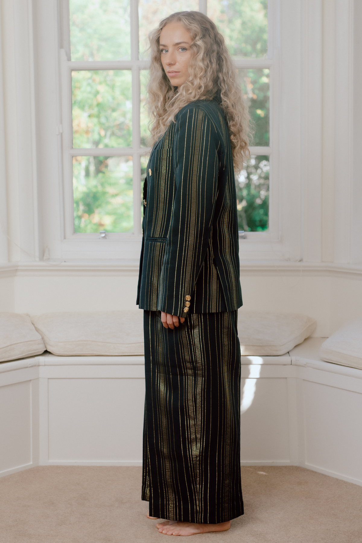 Chandra Black & Gold Zari Stripe Suit